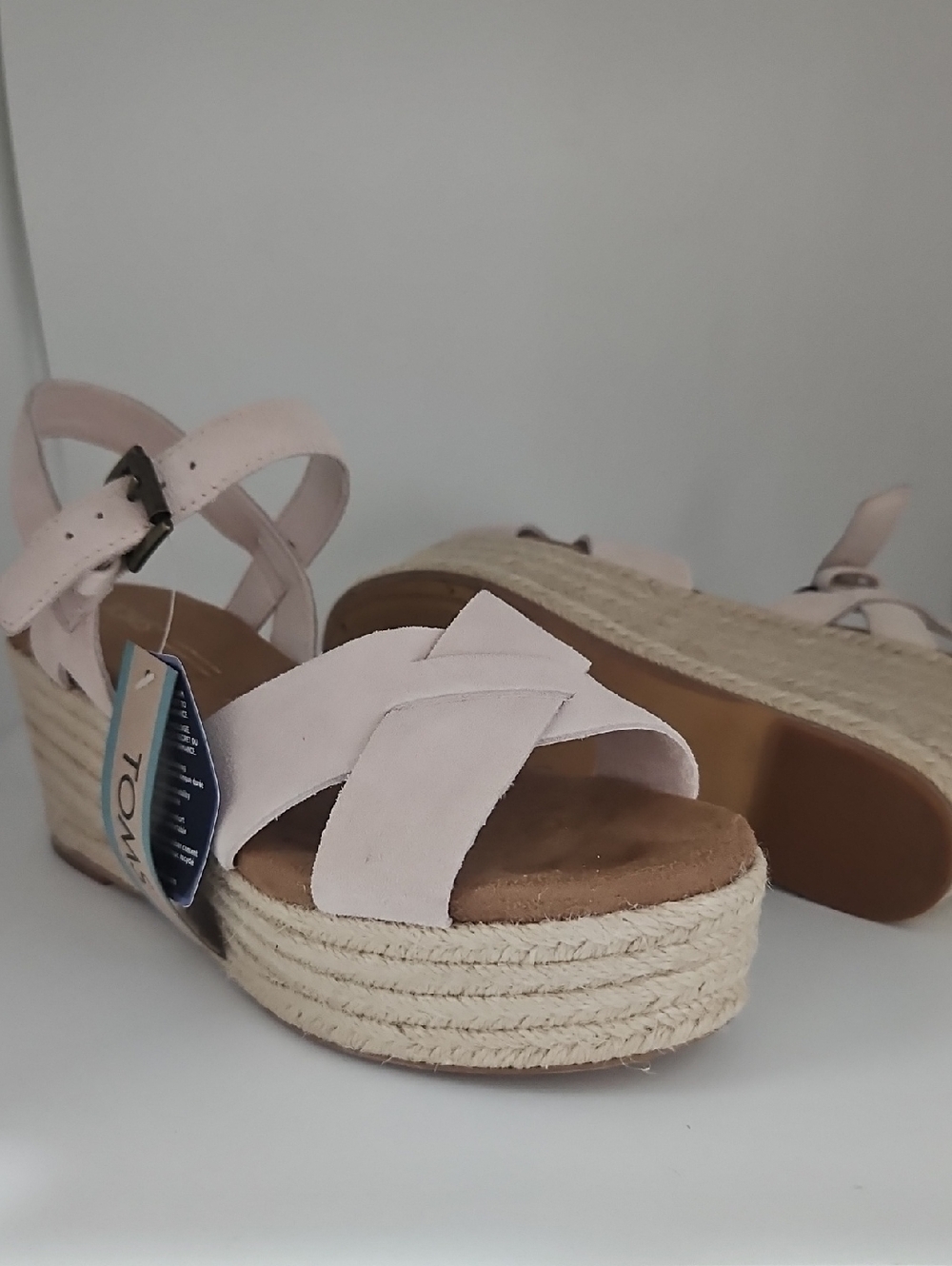 NWT TOMS Wmn Willow Peony Pale Pink Blush Beige Suede Espadrille Wedge Sandals 6